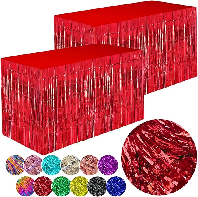 Red Streamers Party Decorations, 2 Packs Red Table Skirts Metallic Foil Fringe by WIEPENGLNA