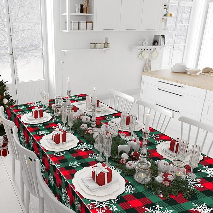 3Pcs Christmas Buffalo Plaid Snowflake Party Tablecloths Decorations, Plastic - Image 7