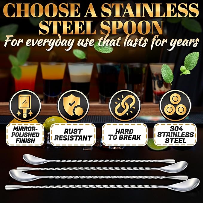 4 Pcs Bar Spoon Cocktail Stirrers – 12'' Long Spoons - Image 3