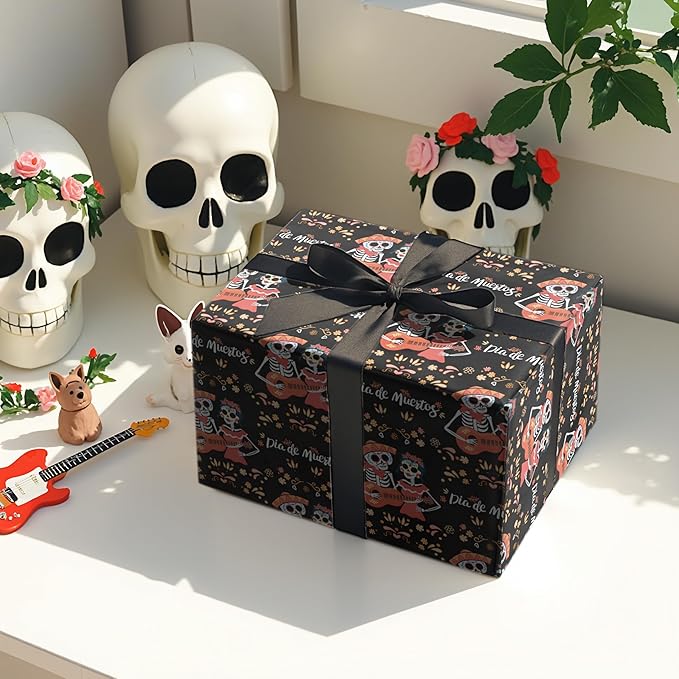 LeZakaa Day of the Dead Wrapping Paper Roll, Día de Muertos Skeleton Couple - Image 3