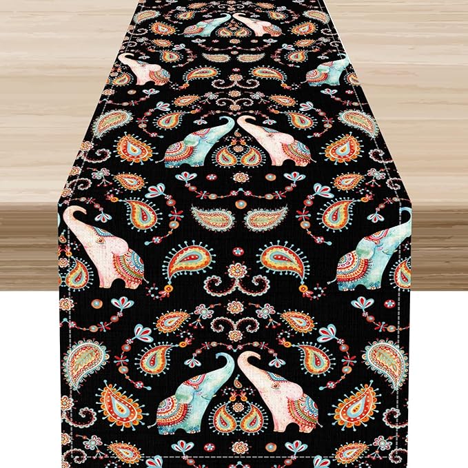 Boho Table Runner, Indian Bohemian Elephant Mandala Paisley Floral Hippie Art by Unknown
