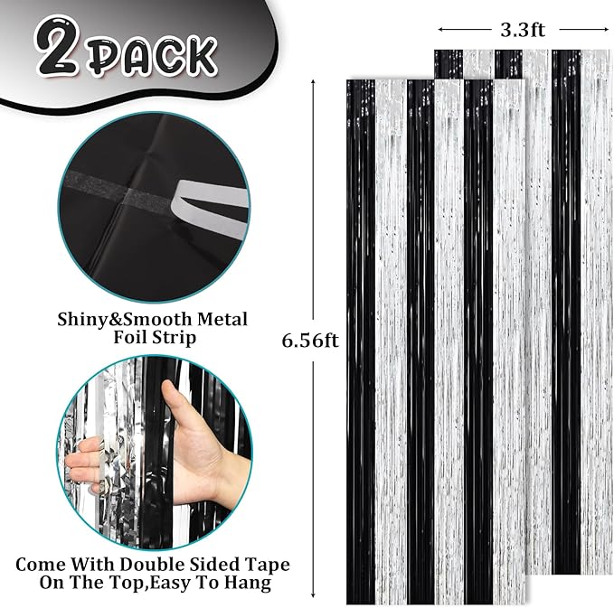 2 Pack Black and Silver Tinsel Foil Fringe Curtains, Metallic Tinsel Party - Image 3