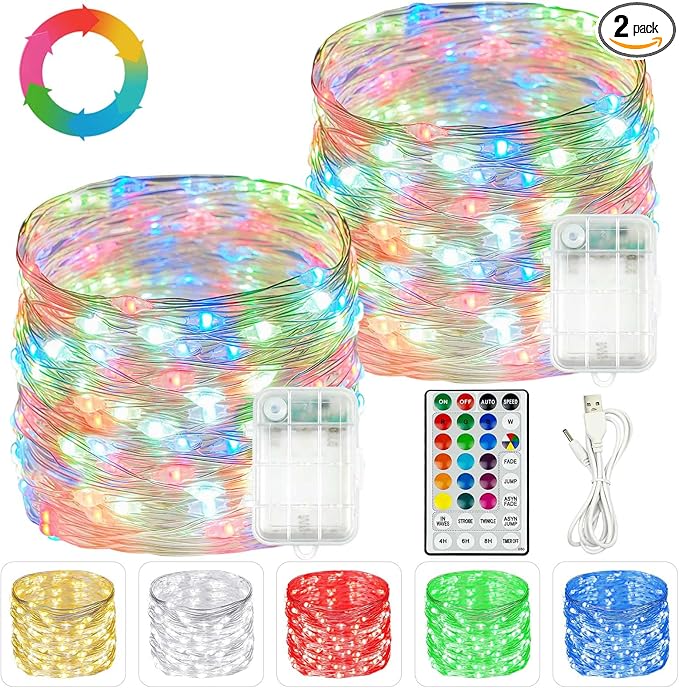 2 Pack Each 20FT 60LED Fairy Lights Battery Operated, RGB Color Changing String by BOSSERN