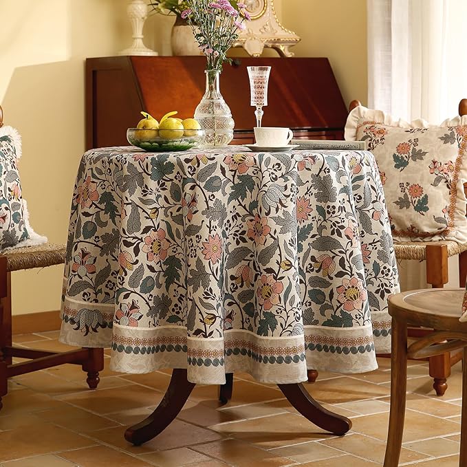 ISAENNE Designer Boho Floral Small Round Tablecloth, Linen Lotus Flower Pattern - Image 2