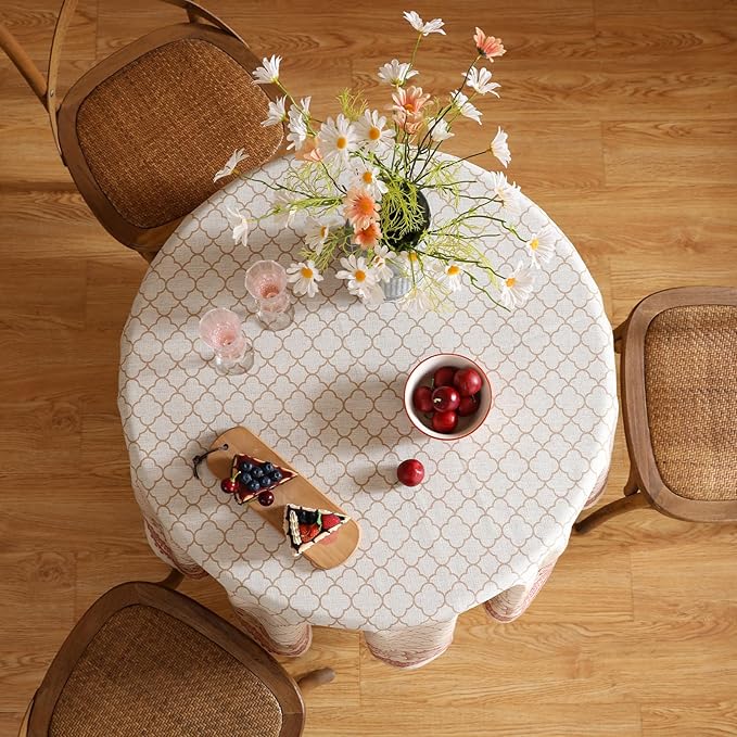 ISAENNE Designer Linen Floral Small Round Tablecloth, Pale Yellow Farmhouse - Image 7