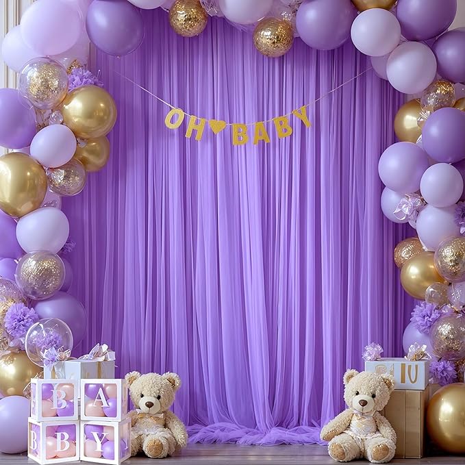 Purple Tulle Backdrop Curtain for Baby Shower Girls Birthday Party Purple Sheer - Image 3