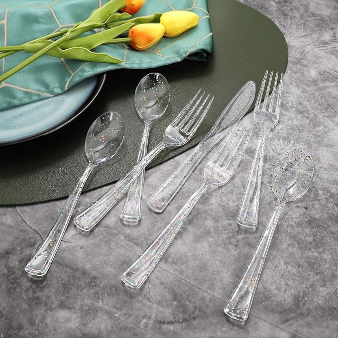 Supernal 360pcs Clear Plastic Silverware, Glitter Disposable Cutlery - Image 4