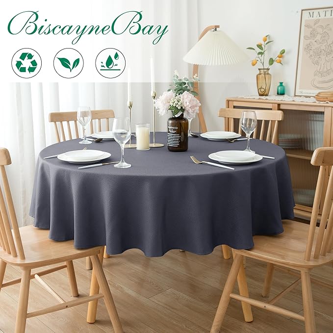 Biscaynebay Textured Fabric Round Tablecloths 60", Dark Grey Water Resistant - Image 2