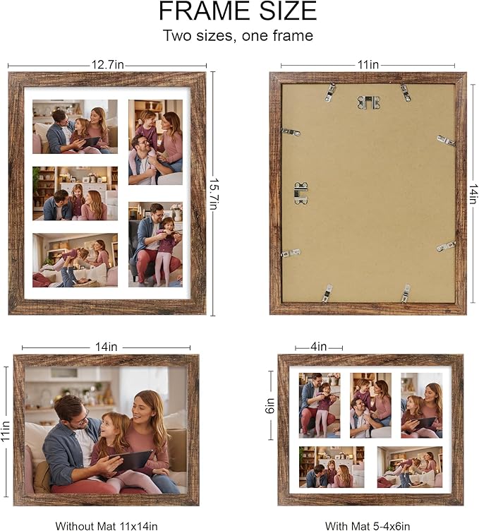 11x14 Picture Frame Set of 2, Rustic Brown Wood Frame - Image 2