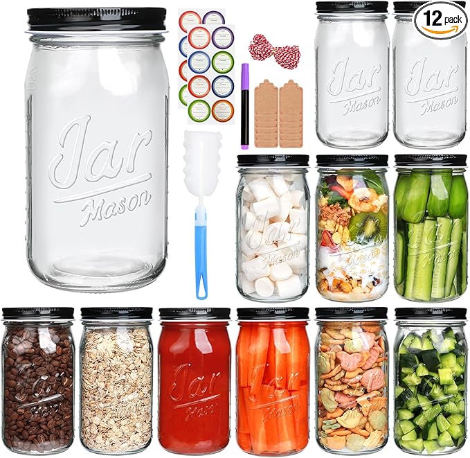 QAPPDA Wide Mouth Mason Jars 32 oz 12 Pack, Large Glass Jars Canning Jar by QAPPDA