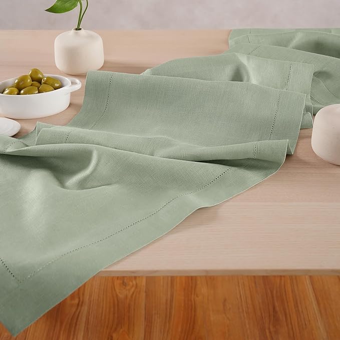 Linen Table Runner 90 inches Long – 100% Pure Linen Sage Green Hemstitch Table - Image 2