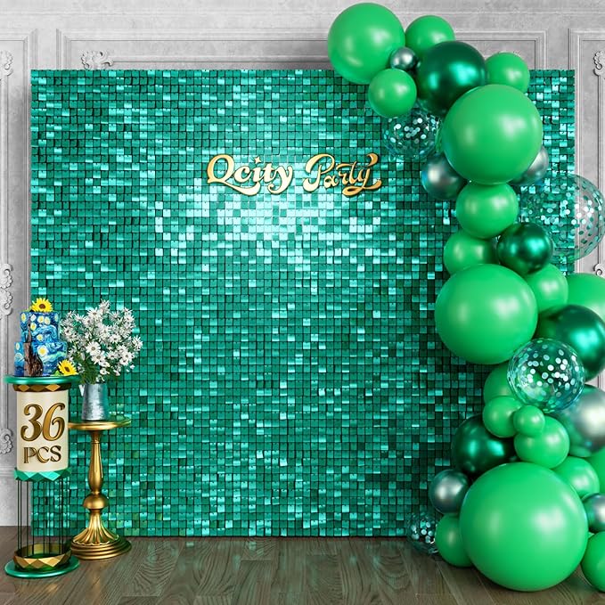 Qcity Emerald Green Shimmer Wall Backdrop 36PCS, Square Sequin Glitter Backdrop by QCITY