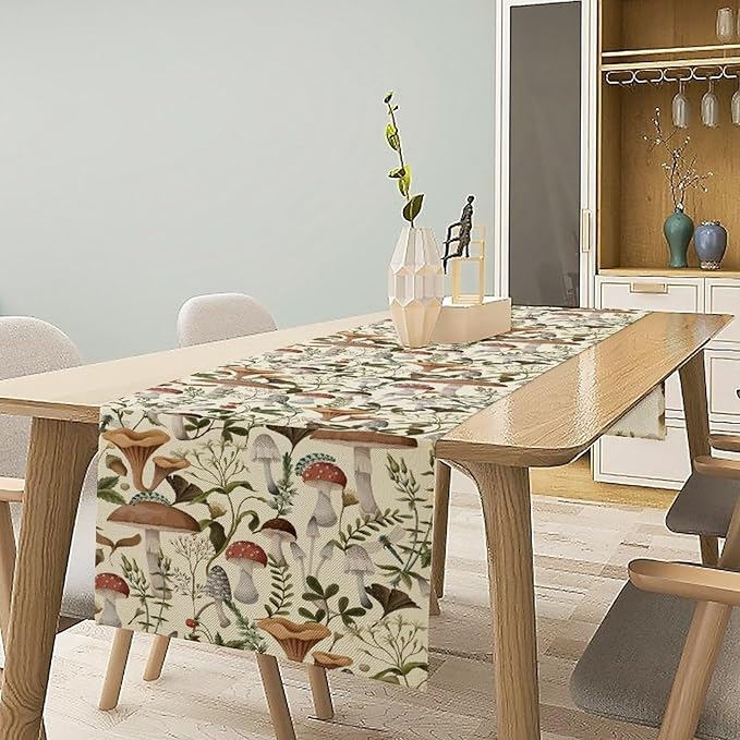 Mushroom Table Runner, Vintage Forest Flower Plant Print Table Runner - Image 2
