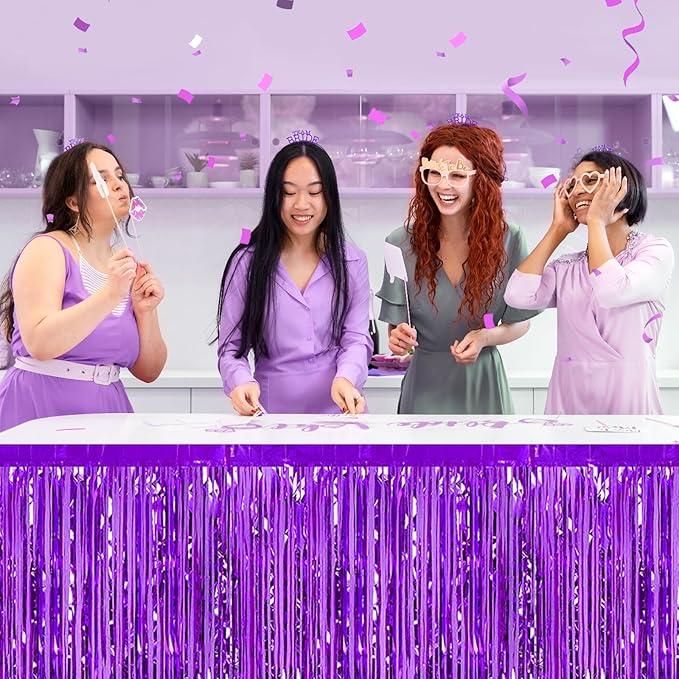 3 Pack 29 x108 Inch Purple Foil Fringe Table Skirts Metallic Banner - Image 5