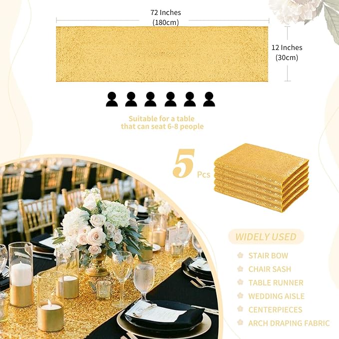 Sequin Table Runners 5 Pieces Gold Table Runners 12x72 Inch Glitter Dining - Image 3