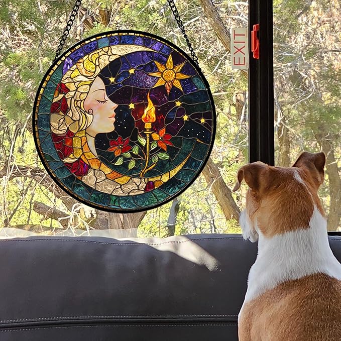 Stained Glass Window Hanging, Moon Goddess Torch Suncatcher Diamond Glass Panel - Image 2