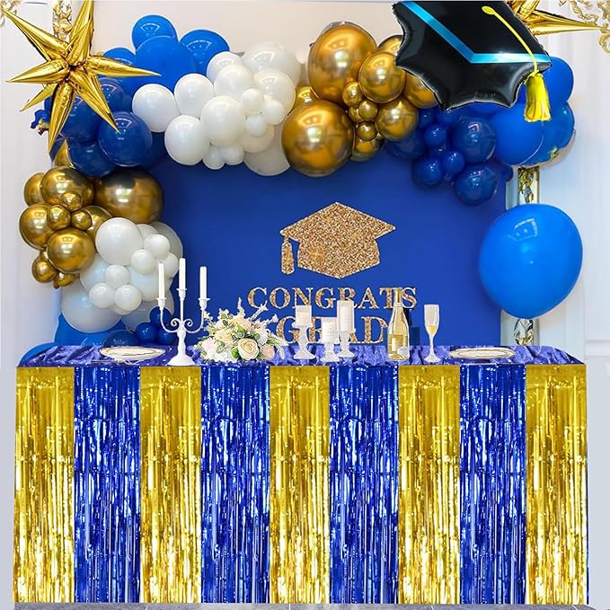BEISHIDA 2 Pack Blue Gold Table Skirts Party Decorations Metallic Tinsel Foil - Image 6
