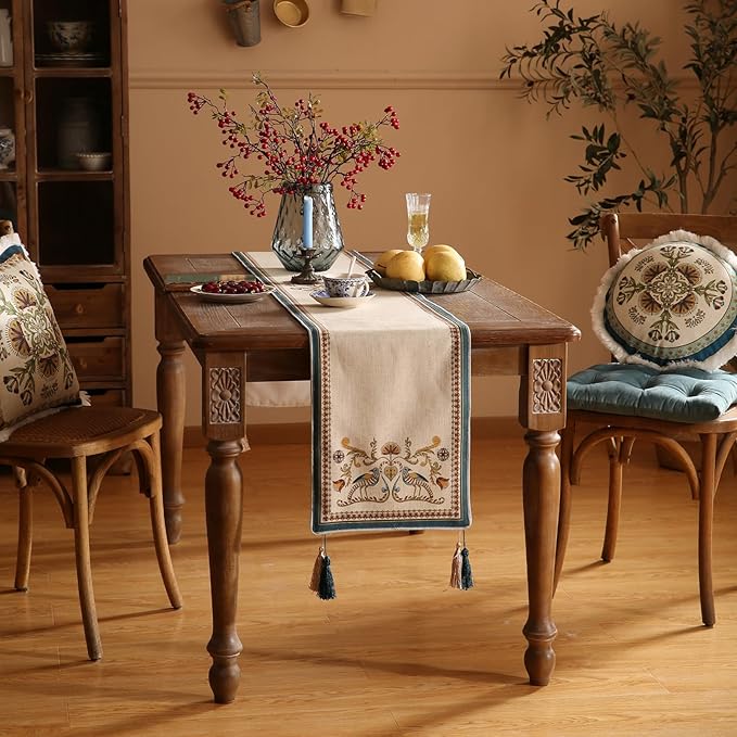 patdrea Designer Beige Farmhouse Geometric Patterned Linen Table Runner 102 - Image 6