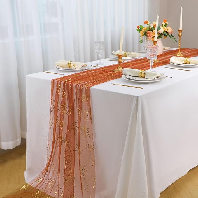Snowkingdom Terracotta Gold Table Runner 10Ft, Fall Glitter Dining Table - Image 5