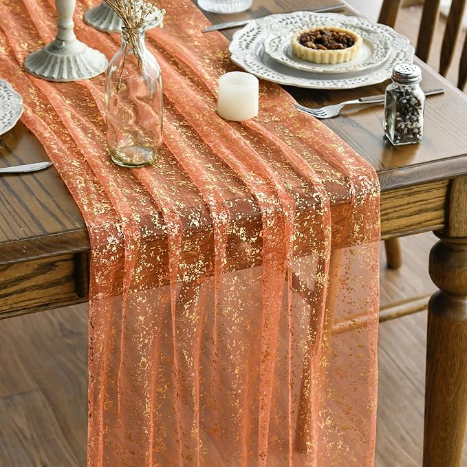Artoid Mode Orange Gold Gauze Table Runner 120 Inch 10FT, Glitter Metallic Foil by ArtoidMode