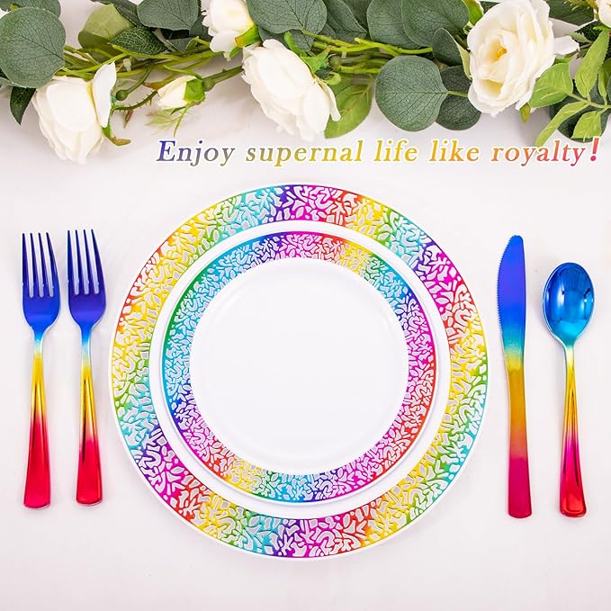 Supernal 120pcs Rainbow Plastic Silverware Set Colorful Party Utensils Blue - Image 2