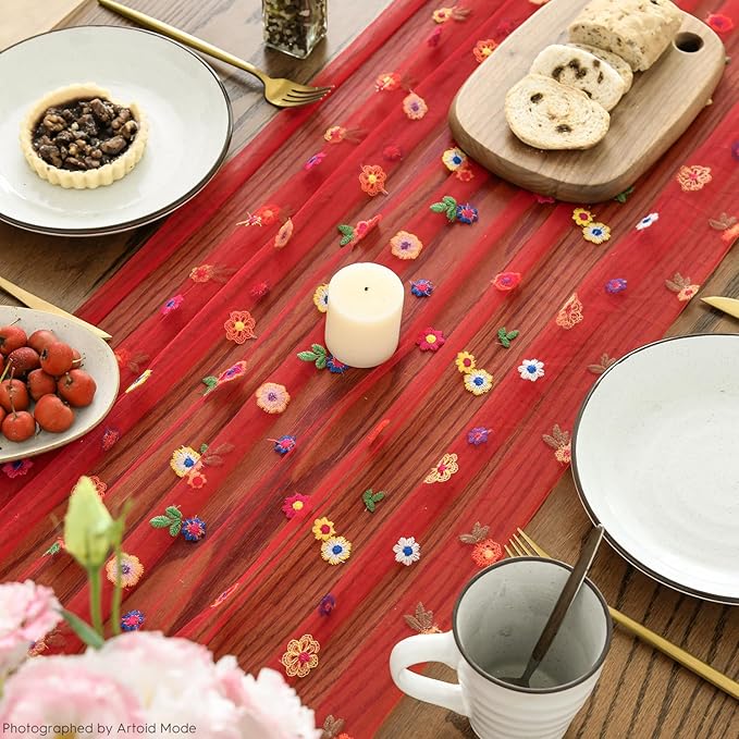 Artoid Mode Red Embroidery Daisy Gauze Table Runner 120 Inch 10FT, Seasonal - Image 3