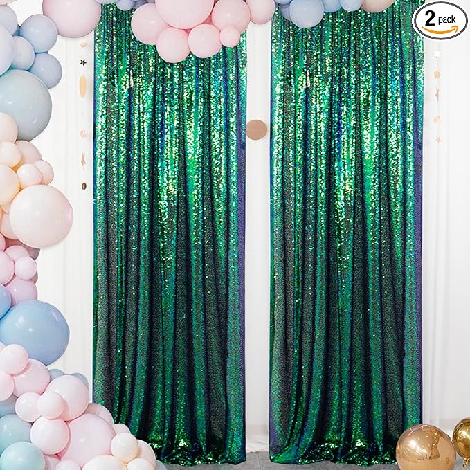 ShinyBeauty Iridescent Green Sequin Backdrop Curtain 5FTx10FT 2 Panels by ShinyBeauty