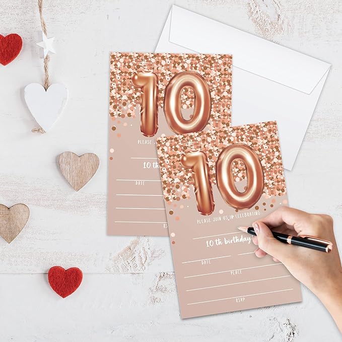 10th Birthday Invitation Cards, Rose Gold Glitter 10th Birthday Party Invites - Image 3
