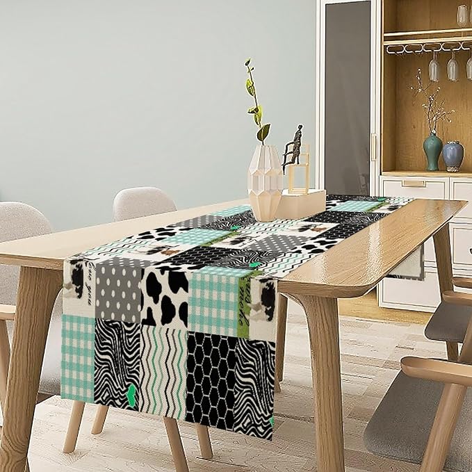 Cute Cow Print Table Runner, Farm Animals Honeycomb Plaid Stripes Cowhide - Image 6
