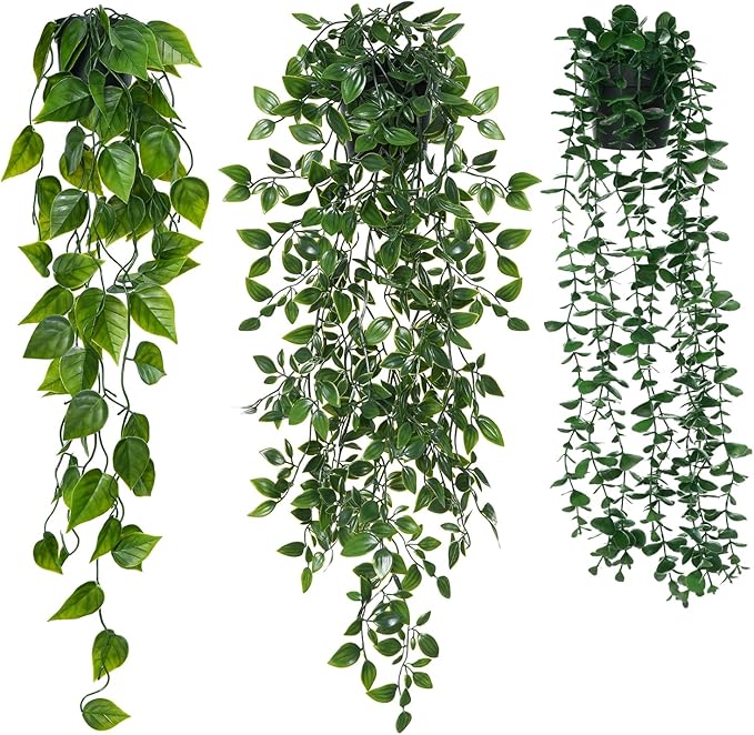 3 Pack Small Fake Hanging Plants, Artificial Eucalyptus, Pothos & Mandala Vines by Unknown