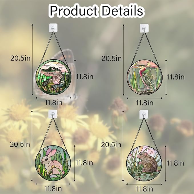 Stained Glass Window Hanging 4 Pcs Set Cute Animal Large 11.8"- Green Plant - Image 6
