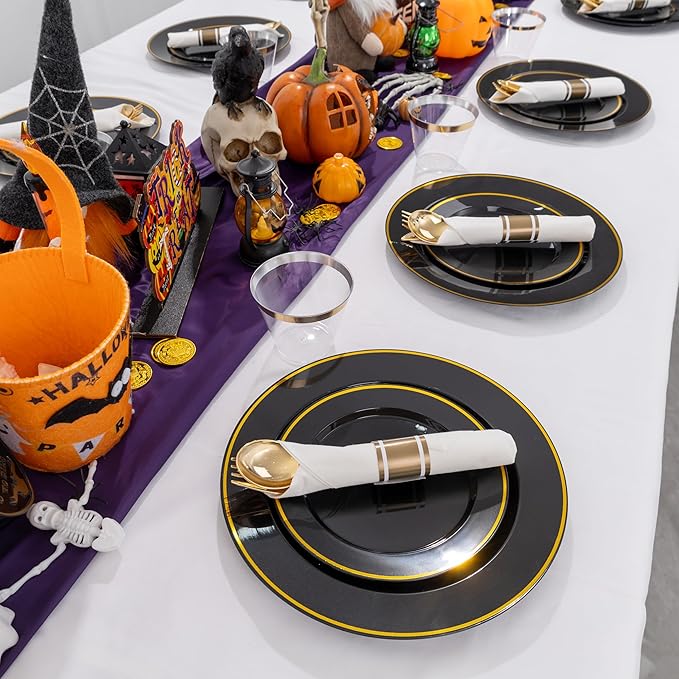 SUT 175 Pcs Black and Gold Plastic Dinnerware Set - Image 5