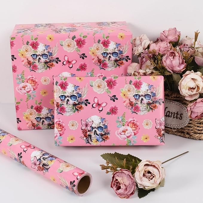 Aimyoo Gothic Wrapping Paper Roll, 17 Inch X 16.5 Feet Skull Floral Butterfly - Image 5