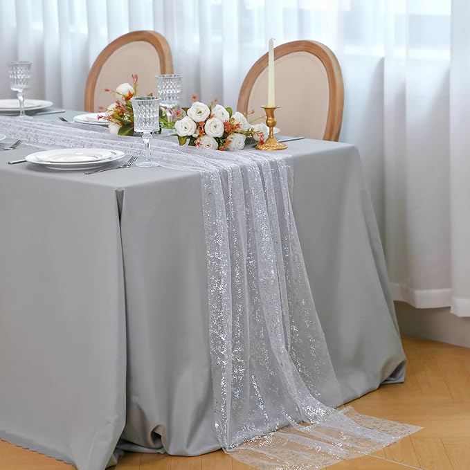Snowkingdom 3 Pcs 10 FT Silver Cheesecloth Table Runner, 120 Inch Sheer Chiffon - Image 4