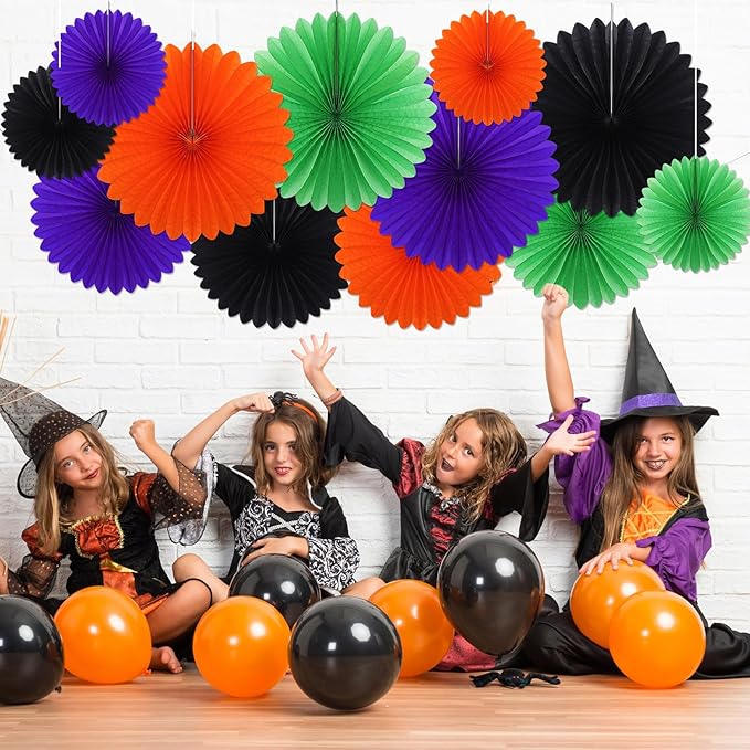 MotiMind 24 Pcs Halloween Paper Fans Party Decorations Black Orange Purple - Image 4