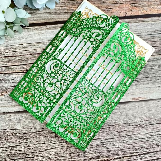 MillaSaw Glitter Green Gate Invitation Sleeve, Laser Cut Catle Invitation - Image 3