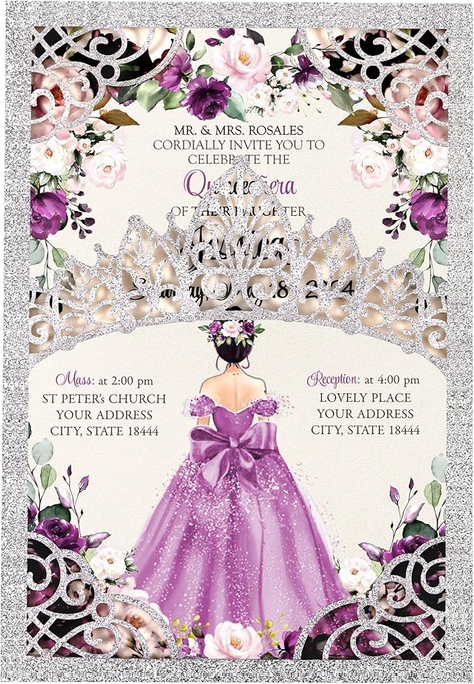 50Pcs Purple Crown Invitations for Quinceanera, 15 year, Sweet 16, Miss XV by DreamBuilt
