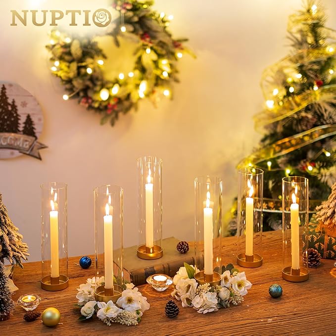 NUPTIO Hurricane Glass Candle Holders: 6 Pcs Gold Metal Taper Candlesticks - Image 2