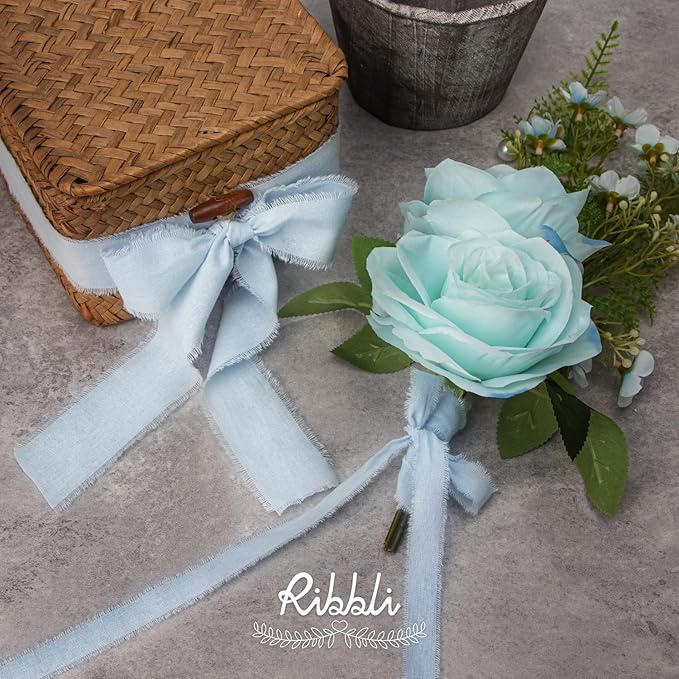 Ribbli 3 Rolls Light Blue Ribbon 1.5 Inch x 18Yards Handmade Cotton Frayed - Image 4