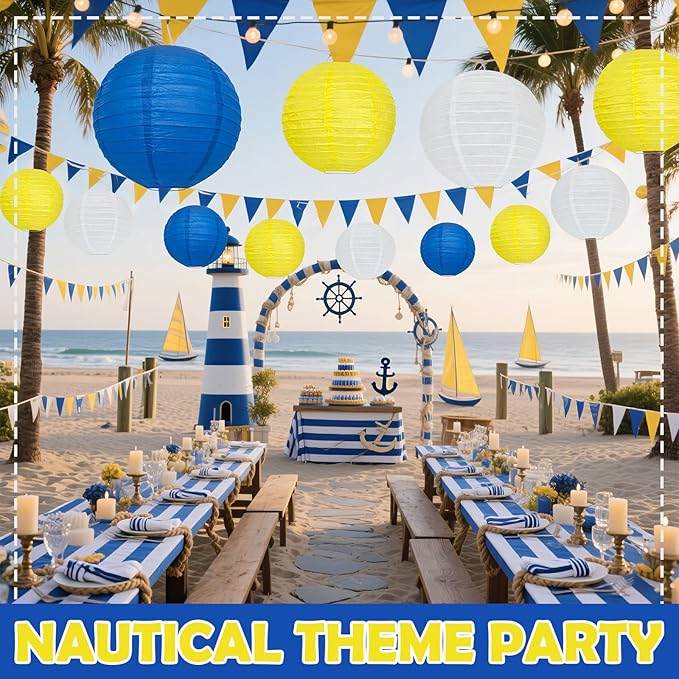12Pcs Blue and Yellow Party Decorations Hanging Round Paper Lanterns Assorted - Image 5