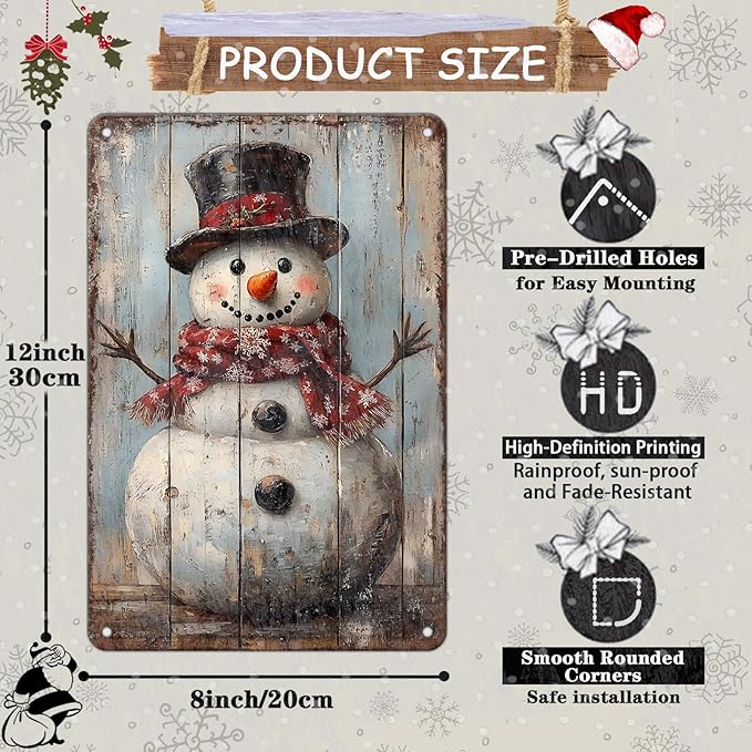 Vintage Christmas Metal Tin Sign Snowman Retro Wall Decor Christmas Tin Sign - Image 2