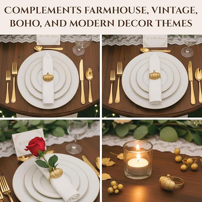 Set of 12 Pumpkin Napkin Rings | Premium Metal Fall Harvest Table Decor | - Image 5