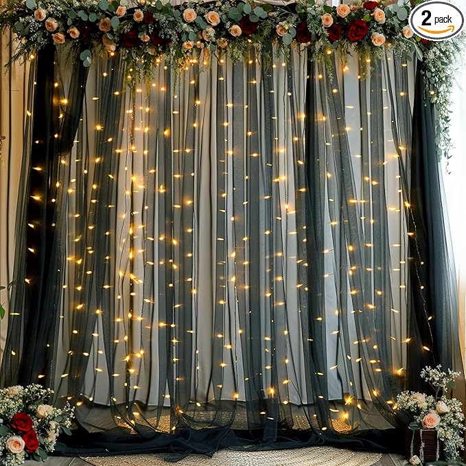 Black Backdrop Curtains with Lights String by Suppromo
