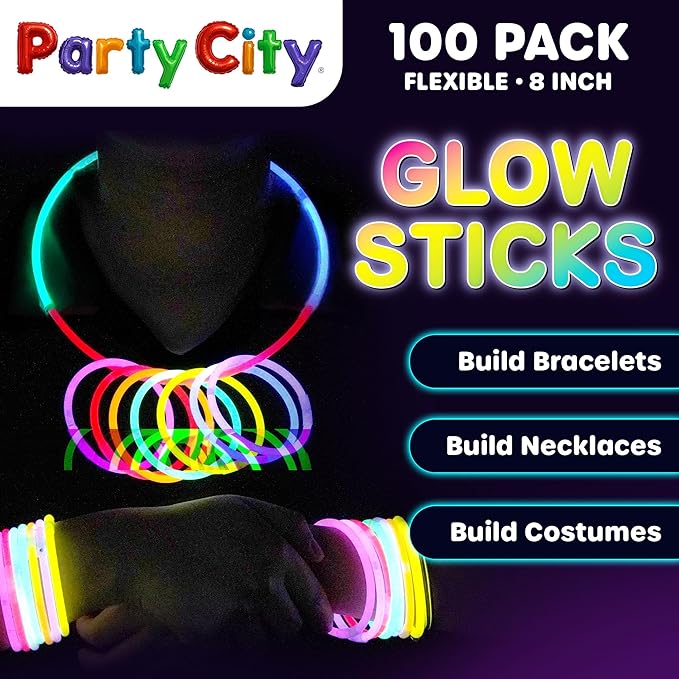 Party City 100 Glow Sticks Bulk Party Pack 8”– Neon Glow in the Dark Party - Image 2