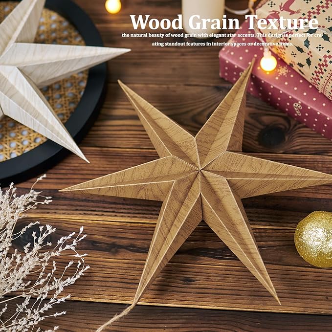 EASY JOY 5 Pcs Wood Grain Paper Star Lanterns 6-Pointed 12 Inch Christmas - Image 3
