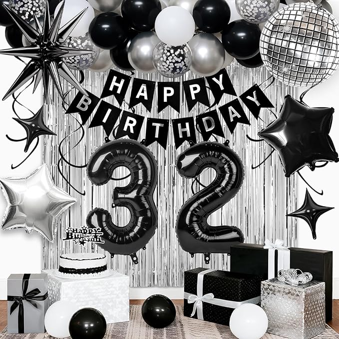 32nd Birthday Decorations for Men Women, Fringe Curtains Kit by Birthdaypartyexpert