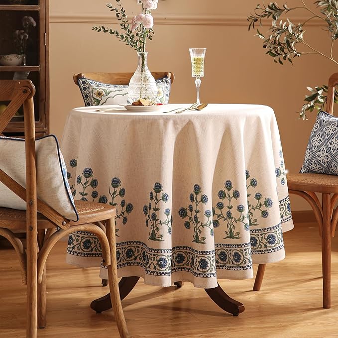 patdrea Designer Linen Blue Round Tablecloth, Vintage Leaves Pattern Floral - Image 2