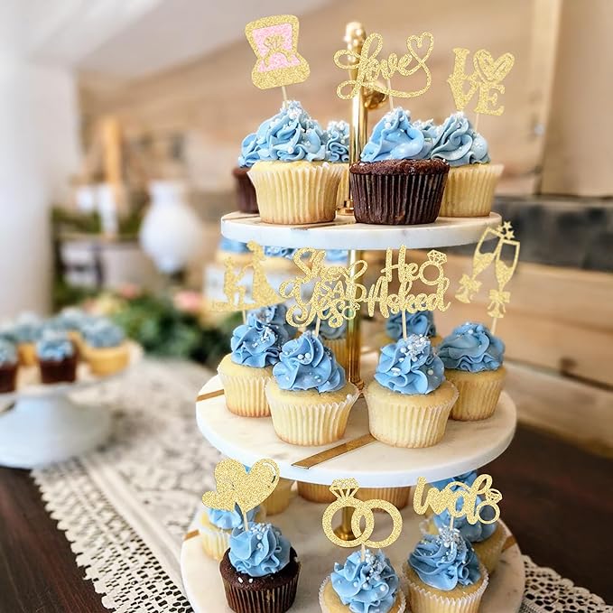 Ephlyn 30Pcs He Asked She Said Yes Cupcake Toppers Glitter Engagement Cupcake - Image 6