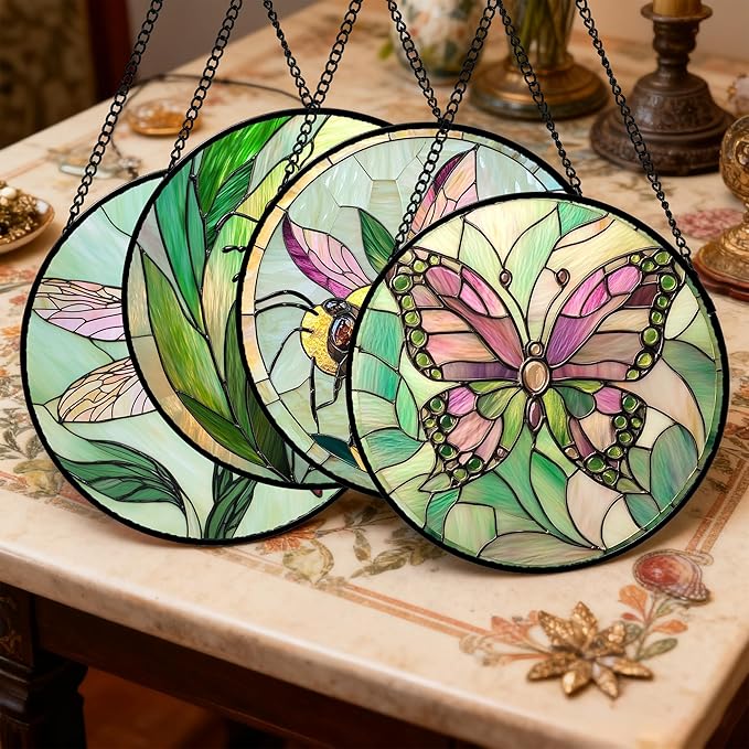 Stained Glass Window Hanging 4 Pcs Set Pink Green Insect Theme Large 11.8" - Image 2