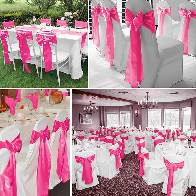 60 PCS Hot Pink Satin Chair Sashes Bows Universal Chair Cover - Image 6
